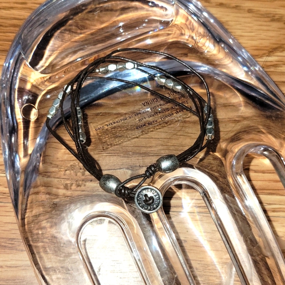 Set of barcelet and necklace Fossil Rondel Leather Wrist Wrap - Black &Silv